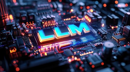 Fototapeta premium Futuristic Metallic Design Featuring LLM Text on Circuit Board