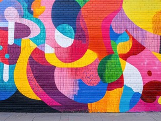 A colorful mural on a brick wall, with playful shapes and bold, vibrant colors. The design captures the energy of an urban environment, with an abstract and lively feel that stands out in the space. 
