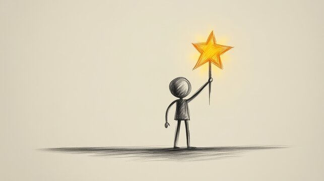 Professional figure gaining proficiency through a glowing star symbol in a minimalist pencil sketch style on a white background