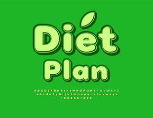Fototapeta premium Vector Green template Diet Plan. Bright Green Font. Cute Decorative Alphabet Letters and Numbers set.