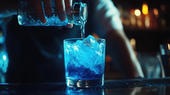 Crafting the perfect electric blue cocktail in a vibrant bar atmosphere, showcasing expert bartending skills and a captivating mixology experience