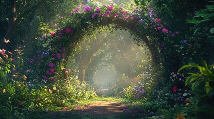 Flower archway with vibrant roses and wildflowers forming a natural tunnel, leading to a sunlit forest path. The composition emphasizes nature's beauty and tranquility. Generative AI