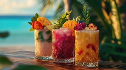 Sip vibrant tropical cocktails adorned with fresh fruits while basking in the warm hues of a beachside sunset during your ultimate summer getaway