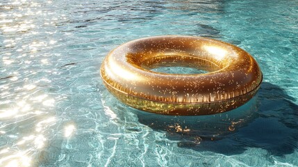 Glittering gold pool float in sunny blue water