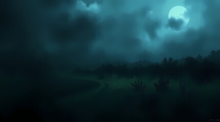 Moonlit Mystery: A hauntingly beautiful landscape, shrouded in the ethereal glow of the full moon and soft mist. The silhouetted trees adds a sense of mystery.