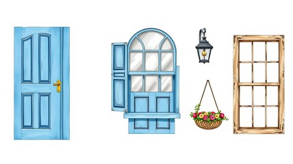 Charming Blue Door Window Wooden Frame Set Home Decor Cottagecore Vintage