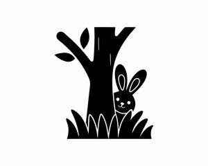creative details Rabbit Hiding Near a Tree Icon vector illustration