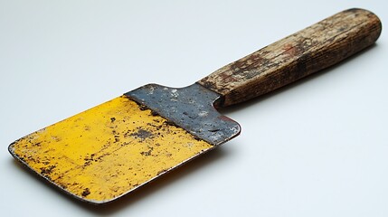A yellow paint scraper with wooden handle against white background