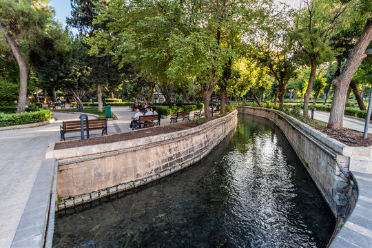 SANLIURFA, TURKEY - SEPTEMBER 22, 2022: Water channel in Golbasi Park in Sanliurfa, Turkey