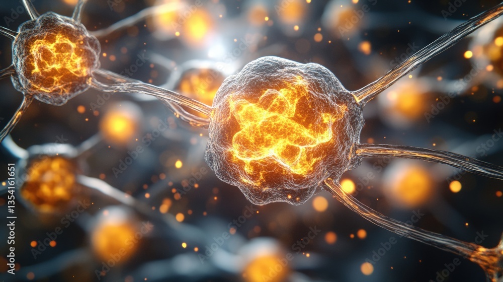 Poster microscopic neuron visualization with glowing core representing neural activity and disease processe