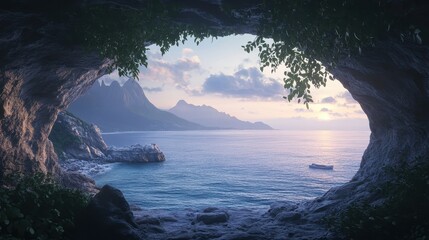serene seascape viewed from a coastal cave