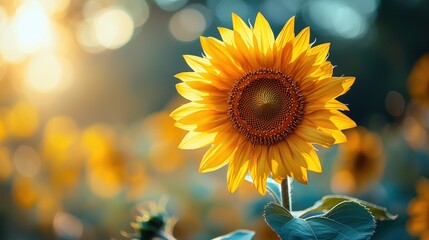 Fototapeta premium Sunlit Sunflower in a Summer Field at Dawn