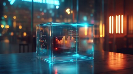 Floating glass cube displays dynamic holographic charts and data in a vibrant cyberpunk setting, showcasing advanced futuristic technology and interface design in a bustling atmosphere