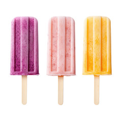 Three colorful fruit popsicles on a transparent background. Refreshing summer treat.