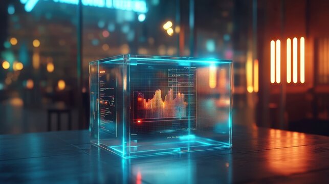 Floating glass cube displays dynamic holographic charts and data in a vibrant cyberpunk setting, showcasing advanced futuristic technology and interface design in a bustling atmosphere