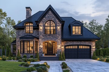 Elegant two story brick house with black roof and trim