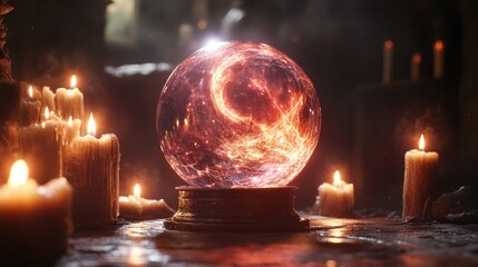 Crystal ball glowing with warm, swirling light surrounded by lit candles on a dimly lit surface. Mystical and magical atmosphere with soft, warm lighting and reflections. Generative AI