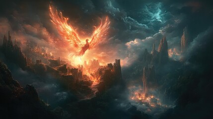 Fototapeta premium Golden phoenix bird surrounded by flames in a glowing, fiery scene. Dynamic wings and tail create a striking composition. Mythical creature depicted in a bright, burning atmosphere. Generative AI