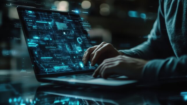 Futuristic man interacts with AI tools through a laptop immersed in a digital environment showcasing tech innovation and modern user interface design