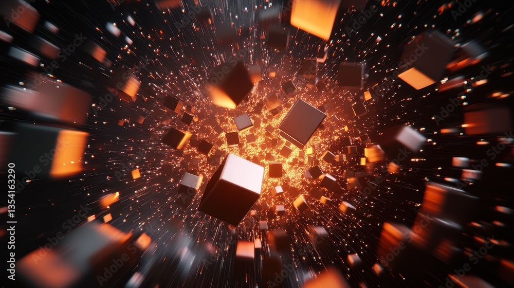 Fototapete dynamic explosion of glowing digital cubes creating an electrifying visual spectacle against a dark 