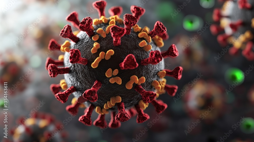 Poster close-up microscopic view of coronavirus particle with characteristic spikes against blurred backgro