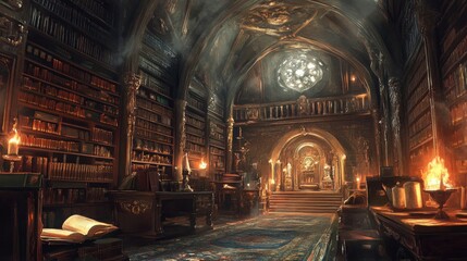Obraz premium Magical library with tall bookshelves, arched windows, and glowing light effects. A mystical atmosphere with books, artifacts, and enchanted decor fills the grand, gothic-style interior. Generative AI