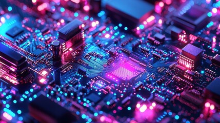 Fototapeta premium Futuristic Circuit Board with Colorful LED Lights in Close-up View