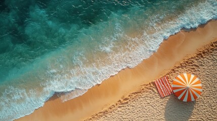 Fototapeta premium Aerial Beach Scene Orange Umbrella, Sandy Shore, Ocean Waves. Perfect for Travel Posters