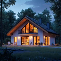 Beautiful two story house with lights shining brightly at night