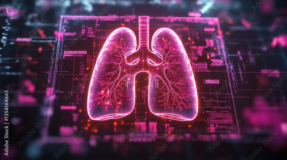 Poster a digital rende of glowing pink translucent human lungs within a vibrant technological interface fea