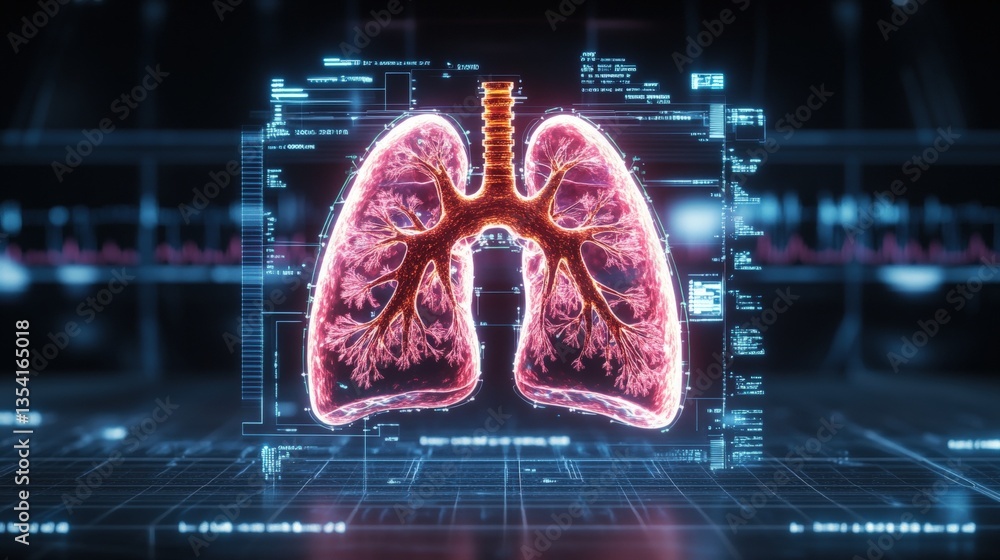 Poster digital holographic projection of intricate human lungs with bronchioles on futuristic grid interfac