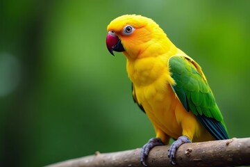 Close-up of a single yellow parrot with bright green feathers on a tree branch, bird, yellow, tropical