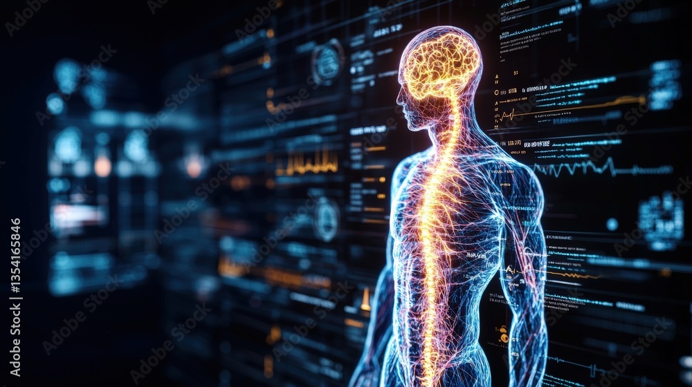 Poster digital rende of a glowing human figure with illuminated nervous system and brain set against a back