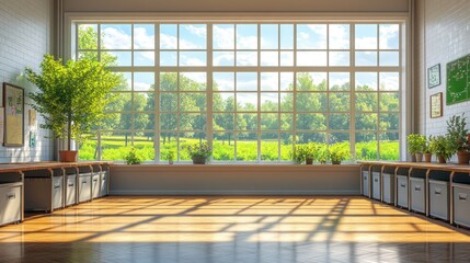 Fototapeta premium Sunlit classroom with large window, plants, and storage.