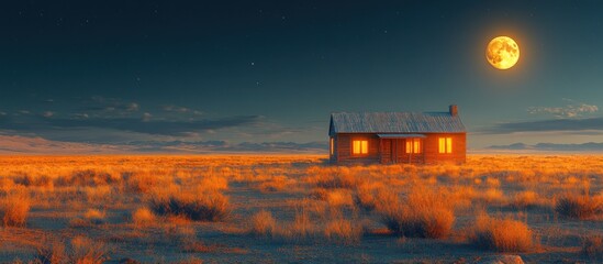 Lonely cabin, golden field, full moon, night