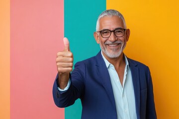 confident senior latinx man in suit giving thumbs up against vibrant multicolored striped wall. corporate success, business, motivational poster. positive attitude, modern style.