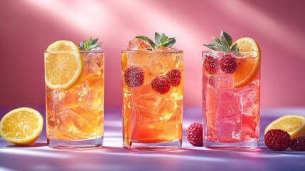 Three Refreshing Summer Cocktails on Pink Background