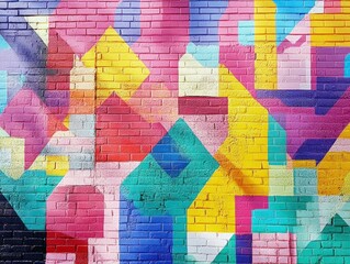 Obraz premium A colorful wall mural featuring a brick, tile, and vinyl backdrop with vivid patterns and textures. The design adds depth and artistic flair to the space, creating a dynamic and contemporary feel 