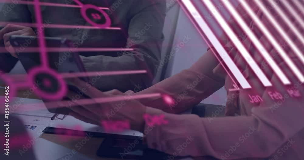 Poster Hands holding tablet with calendar and data processing animation overlay