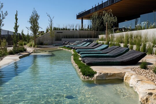 Eco-conscious pool with recycled material sun loungers and a natural filtration system.