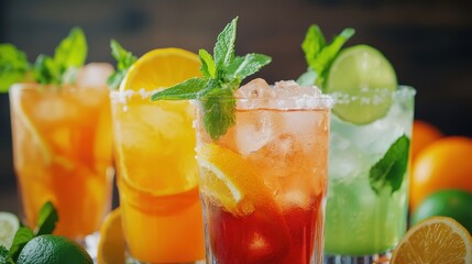 Colorful cocktails with fresh ingredients create a vibrant summer atmosphere in highball glasses, perfect for savoring under the sun
