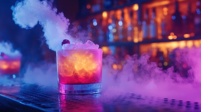 Vibrant cocktails adorned with mist from dry ice create a captivating atmosphere in an upscale bar setting as colorful lights enhance their allure