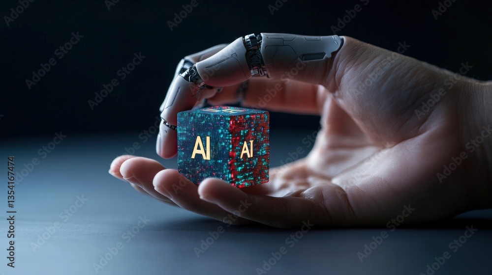 Poster Robotic hand cradles translucent cube with AI letters, swirling particles, showcasing artificial ligence's delicate handling and intricate technology essence