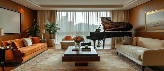 Fototapeta premium Luxurious Living Room with Piano and City View