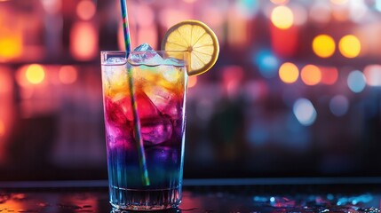 Fototapeta premium Vibrant rainbow layered cocktail served in a tall glass with ice, perfectly garnished with a lemon slice, radiating color against a blurred bar atmosphere