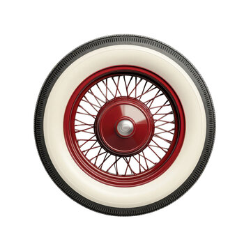 Fototapeta Vintage car wheel with white wall tire and red spokes on a transparent background. Classic automobile detail.
