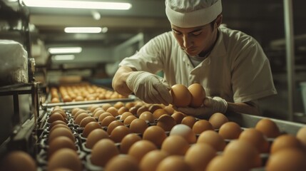 Factory worker sorting eggs in a food processing plant
