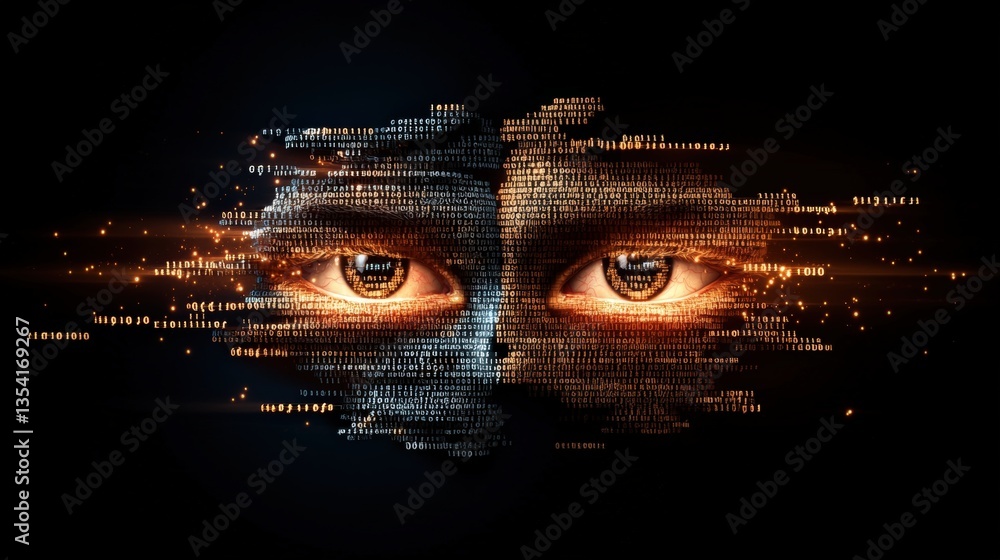 Poster a close-up of a face blending into binary code, with intense eyes ly focused, revealing deep emotion
