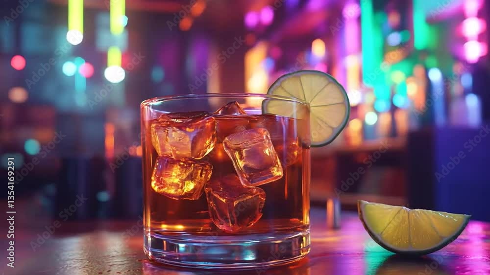 Poster a glass with a drink filled with ice cubes is decorated with a slice of lime on the edge.