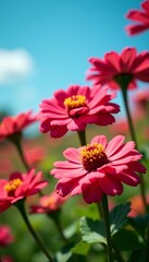 Close-up of autumn zinnia flowers with clear blue sky, vibrant, close-up, flora
